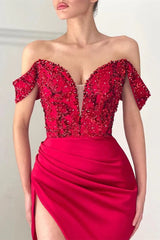 Modern Off-the-Shoulder Red Evening Dress Mermaid Slit With Beads