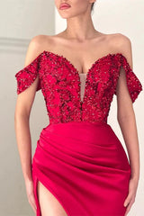 Modern Off-the-Shoulder Red Evening Dress Mermaid Slit With Beads