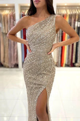Modern One Shoulder Mermaid Beadings Evening Gowns Long With Slit