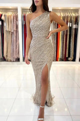 Modern One Shoulder Mermaid Beadings Evening Gowns Long With Slit
