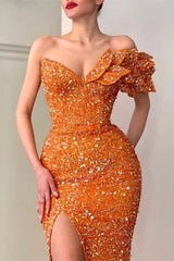 Modern Orange Long Off-the-Shoulder Mermaid Sequins Evening Prom Dress With Slit