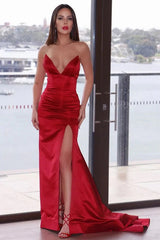 Modern Red V-Neck Split Evening Dress Mermaid Party Gowns
