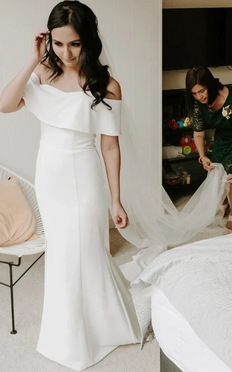 Modern Mermaid Floor-length Short Off-the-shoulder Sleeve Satin Wedding Dress