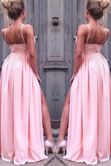 Modern Spaghetti-Straps Pink Long Evening Dress With Slit