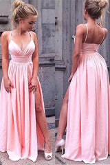 Modern Spaghetti-Straps Pink Long Evening Dress With Slit