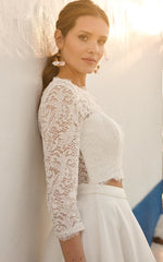 Modern Two Piece Floor-length 3/4 Length Sleeve Lace Jewel Wedding Dress with Ruching