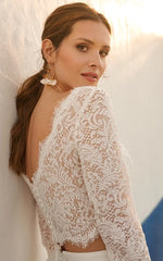 Modern Two Piece Floor-length 3/4 Length Sleeve Lace Jewel Wedding Dress with Ruching