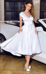 Modern V-neck A Line Satin Tea-length Wedding Dress with Sash