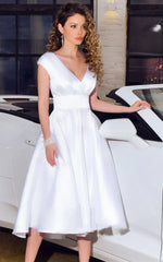 Modern V-neck A Line Satin Tea-length Wedding Dress with Sash