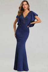 Modern V-Neck Mermaid Prom Dress Long Evening Gowns With Appliques Ruffles