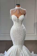 Modest Long Mermaid Sweetheart Pearl Wedding Dress With Lace