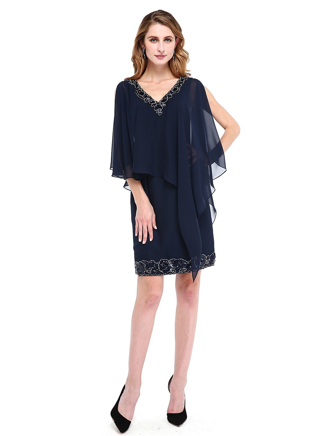Aimishang  Sheath / Column Mother of the Bride Dress V Neck Knee Length Chiffon Sleeveless No with Beading Sequin