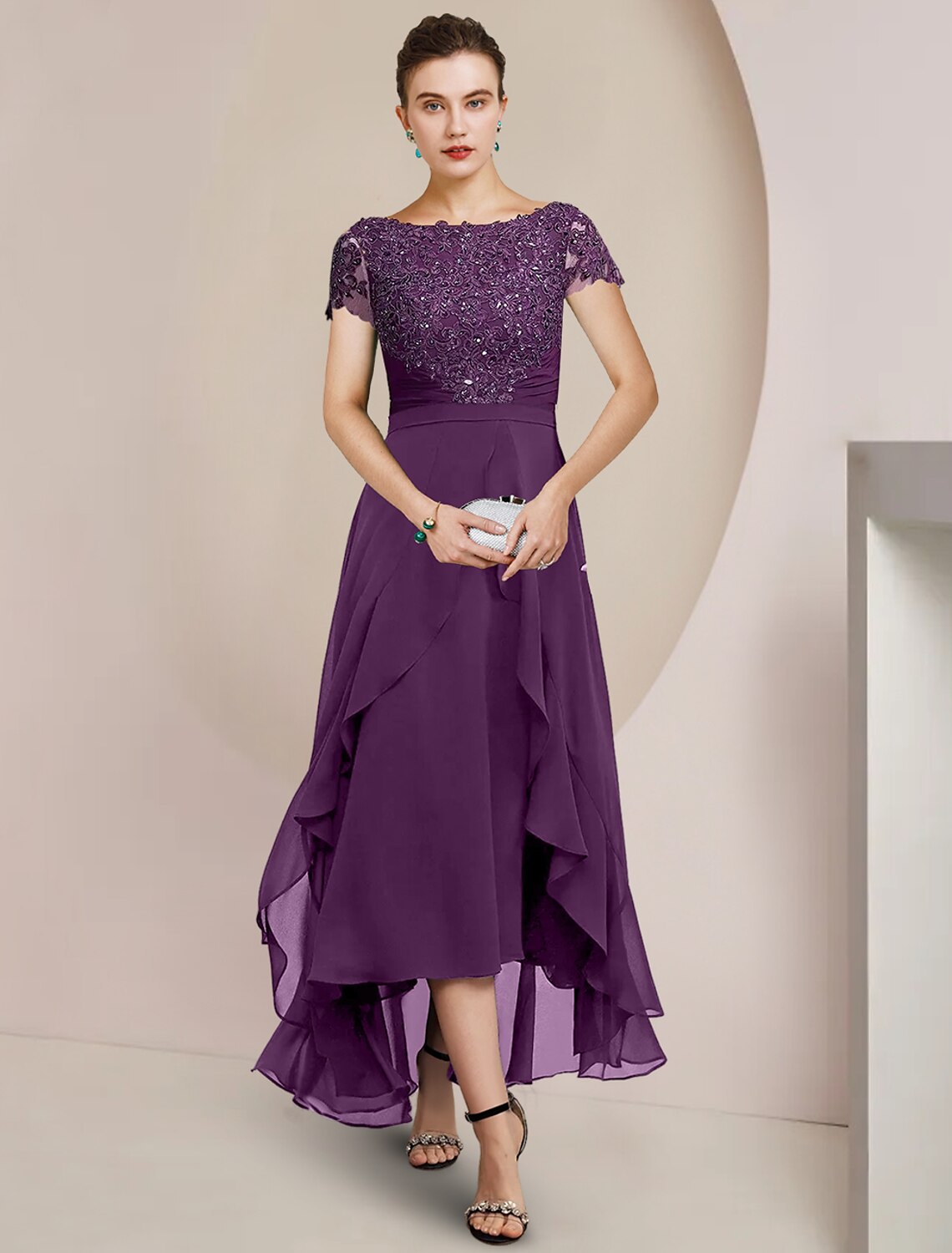 Aimishang A-Line Mother of the Bride Dress Formal Wedding Guest Party Elegant Scoop Neck Asymmetrical Tea Length Chiffon Lace Short Sleeve with Beading Sequin Appliques