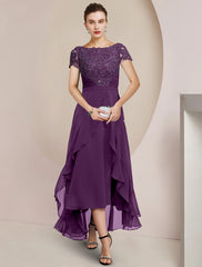 Aimishang A-Line Mother of the Bride Dress Formal Wedding Guest Party Elegant Scoop Neck Asymmetrical Tea Length Chiffon Lace Short Sleeve with Beading Sequin Appliques