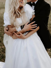 Aimishang Formal Wedding Dresses Ball Gown Square Neck Short Sleeve Chapel Train Satin Bridal Gowns With Solid Color