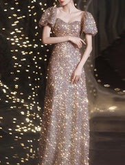 Mermaid / Trumpet Prom Dresses Elegant Dress Wedding Guest Prom Floor Length Short Sleeve Sweetheart Lace with Sequin