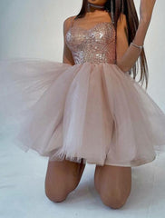 Ball Gown A-Line Sparkle & Shine Puffy Cocktail Party Prom Dress Spaghetti Strap Short Sleeve Knee Length Tulle with Sequin Tier 2025