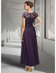 Aimishang A-Line Mother of the Bride Dress Elegant Jewel Neck Ankle Length Chiffon Lace Short Sleeve with Pleats Appliques