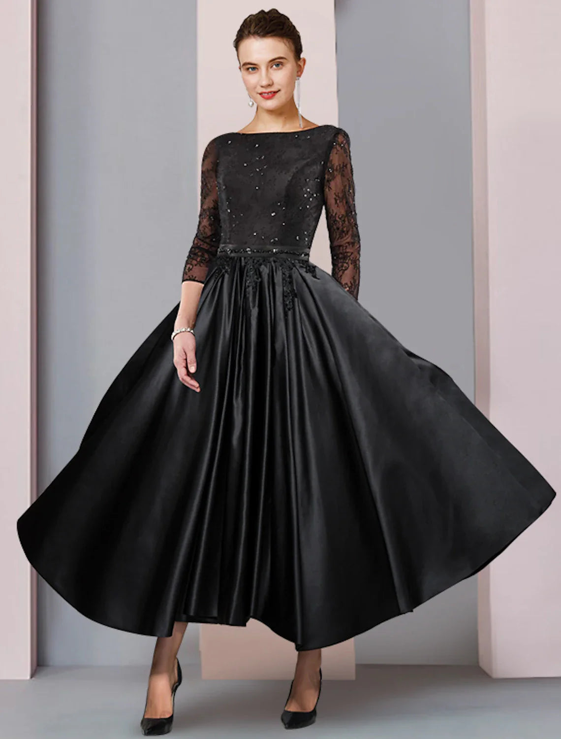 Aimishang  A-Line Mother of the Bride Dress Formal Wedding Guest Party Elegant Scoop Neck Tea Length Satin Lace 3/4 Length Sleeve with Sash / Ribbon Pleats