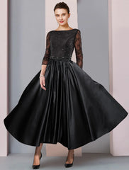 Aimishang  A-Line Mother of the Bride Dress Formal Wedding Guest Party Elegant Scoop Neck Tea Length Satin Lace 3/4 Length Sleeve with Sash / Ribbon Pleats
