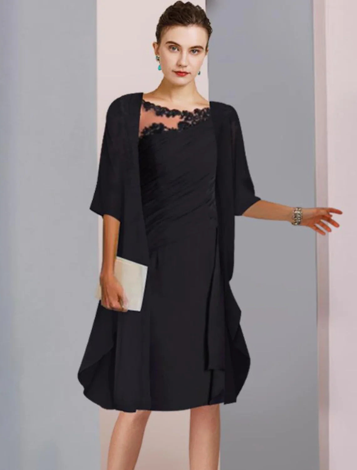 Aimishang  Two Piece A-Line Mother of the Bride Dress Wedding Guest Elegant Scoop Neck Knee Length Chiffon Lace Half Sleeve Wrap Included Jacket Dresses with Ruched Appliques