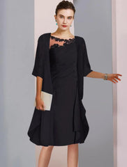 Aimishang  Two Piece A-Line Mother of the Bride Dress Wedding Guest Elegant Scoop Neck Knee Length Chiffon Lace Half Sleeve Wrap Included Jacket Dresses with Ruched Appliques