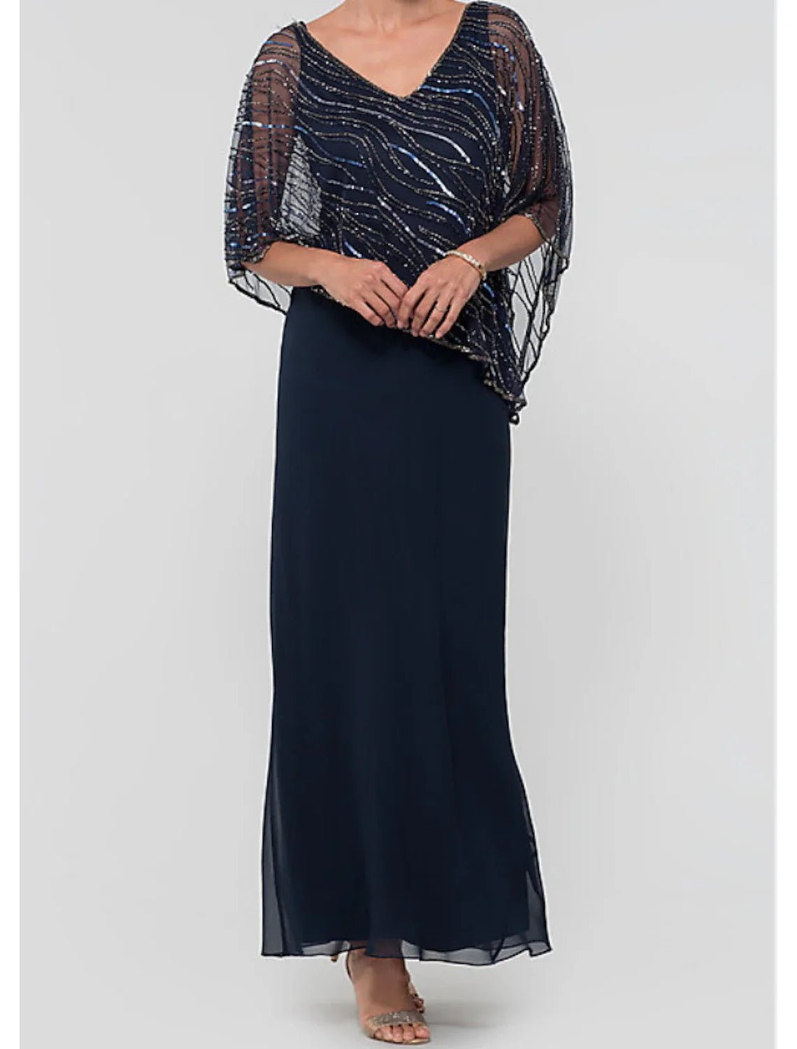 Aimishang A-Line Mother of the Bride Dress Elegant & Luxurious V Neck Ankle Length Chiffon Sequined 3/4 Length Sleeve with Lace Appliques