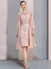 Two Piece Sheath / Column Mother of the Bride Dress Formal Wedding Guest Elegant Scoop Neck Knee Length Chiffon Lace Sleeveless Jacket Dresses with Beading