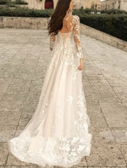 Aimishang Beach Formal Wedding Dresses A-Line V Neck Long Sleeve Sweep / Brush Train Lace Bridal Gowns With Flower Solid Color