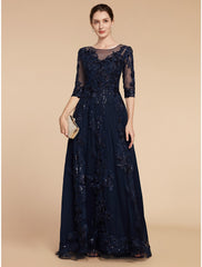 Aimishang  A-Line Mother of the Bride Dress Formal Wedding Guest Elegant Party Scoop Neck Floor Length Chiffon Lace 3/4 Length Sleeve with Sequin Appliques
