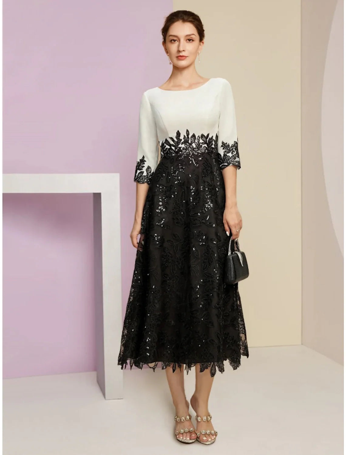 Aimishang  A-Line Mother of the Bride Dress Wedding Guest Elegant Scoop Neck Tea Length Stretch Chiffon Half Sleeve with Lace Sequin Ruching