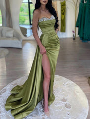 Mermaid Party Dress Evening Gown Sparkle & Shine Dress Formal Wedding Court Train Sleeveless Strapless Satin with Rhinestone Ruched Slit