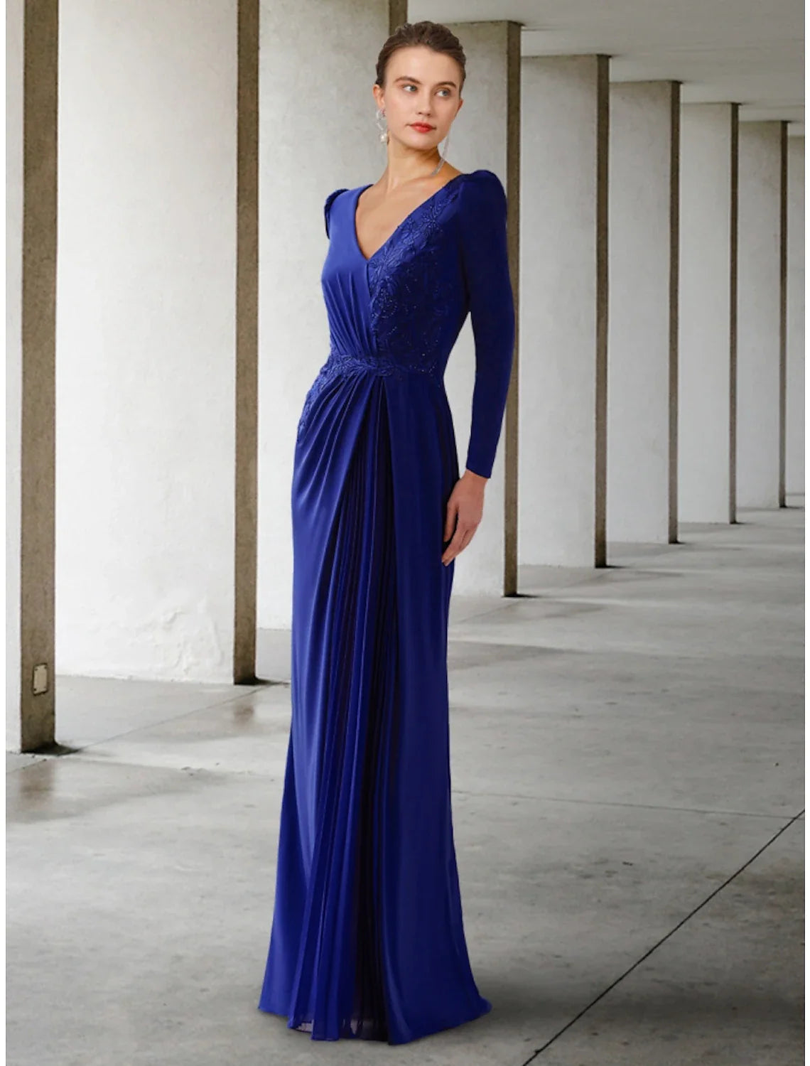 Aimishang  A-Line Mother of the Bride Dress Wedding Guest Elegant V Neck Floor Length Lace Stretch Chiffon Long Sleeve with Ruching Solid Color