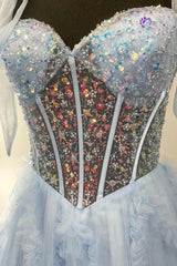 A Line Sweetheart Blue Ruffled Tulle Prom Dresses