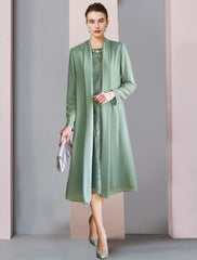 Aimishang  Two Piece Sheath / Column Mother of the Bride Dress Formal Wedding Guest Party Elegant Scoop Neck Tea Length Chiffon Lace 3/4 Length Sleeve Jacket Dresses with Solid Color