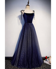Shining navy blue suede fine shoulder strap sleeveless off shoulder evening dress with navy blue A-line princess sequin backless and ground length ruffled edge for evening dress