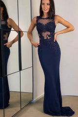 Navy Blue Lace Appliques Mermaid Evening Dress Sleeveless
