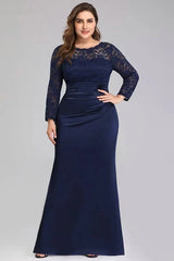 Navy Blue Long Sleeve Lace Mermaid Plus Size Evening Prom Dress