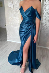 Navy Mermaid Evening Dress - Off The Shoulder & Split