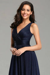 Navy Stunning V-Neck Sleeveless Long Evening Prom Dress