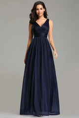 Navy Stunning V-Neck Sleeveless Long Evening Prom Dress