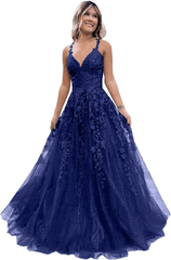 2024 Long Blue Lace Prom Dresses V Neck Formal Evening Dresses Open Back