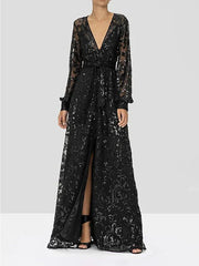 A-Line Mother of the Bride Dress Wedding Guest Elegant Sparkle & Shine V Neck Floor Length Lace Sequined Long Sleeve with Sequin Appliques Split Front