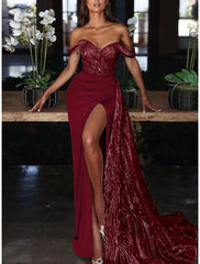 Mermaid Dress Evening Gown Red Green Dress Dress Formal Wedding Guest Court Train Sleeveless Off Shoulder Charmeuse with Ruched Sequin Slit