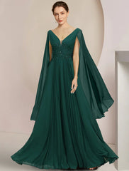 Aimishang  A-Line Mother of the Bride Dress Formal Wedding Guest Elegant V Neck Floor Length Chiffon Lace Sleeveless with Pleats Sequin Appliques