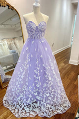 A Line Sweetheart Lavender Lace Tulle Long prom Dresses