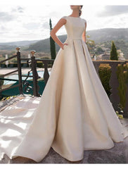Aimishang Hall Royal Style Wedding Dresses A-Line Scoop Neck Sleeveless Court Train Satin Bridal Gowns With Pearls Appliques