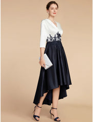 Aimishang  A-Line Mother of the Bride Dress Wedding Guest Elegant Petite V Neck Asymmetrical Satin Lace Half Sleeve with Ruching