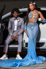 New Arrival Blue Appliques Mermaid Crystal Prom Dress