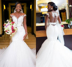New Arrival Cap Sleeves Mermaid Long Wedding Dress with Lace Appliques